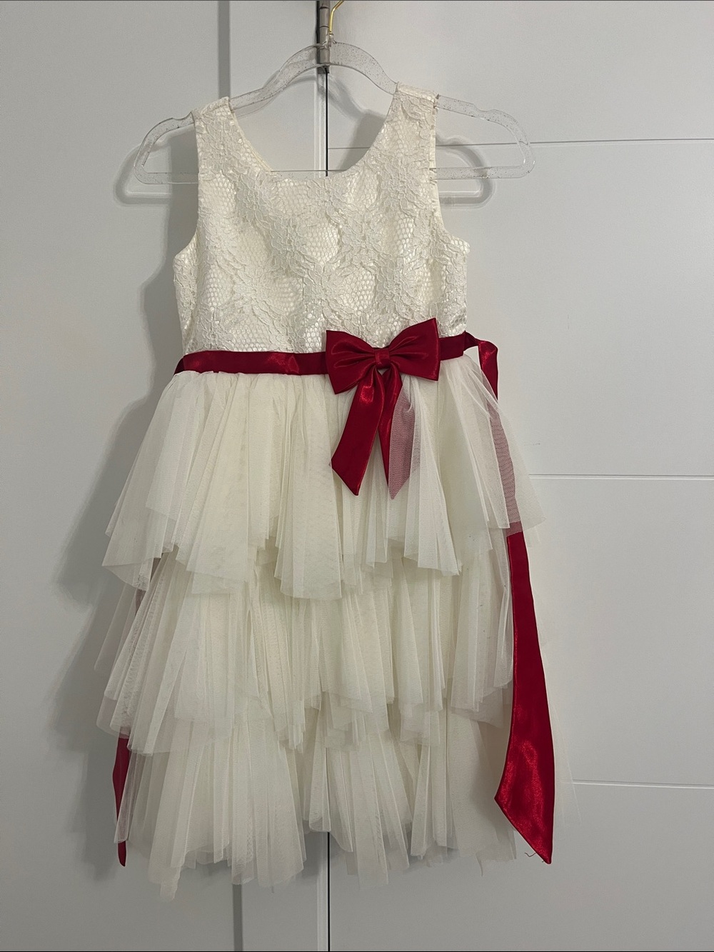 NWOT American Princess Ivory Lace & Tulle Dress with Red Sash